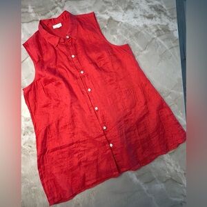 J. Jill Red Sleeveless Linen Button-Down Shirt